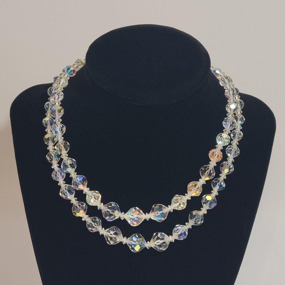 Vintage Two Strand Aurora Borealis Rhinestone Necklace Iridescent 13 inch